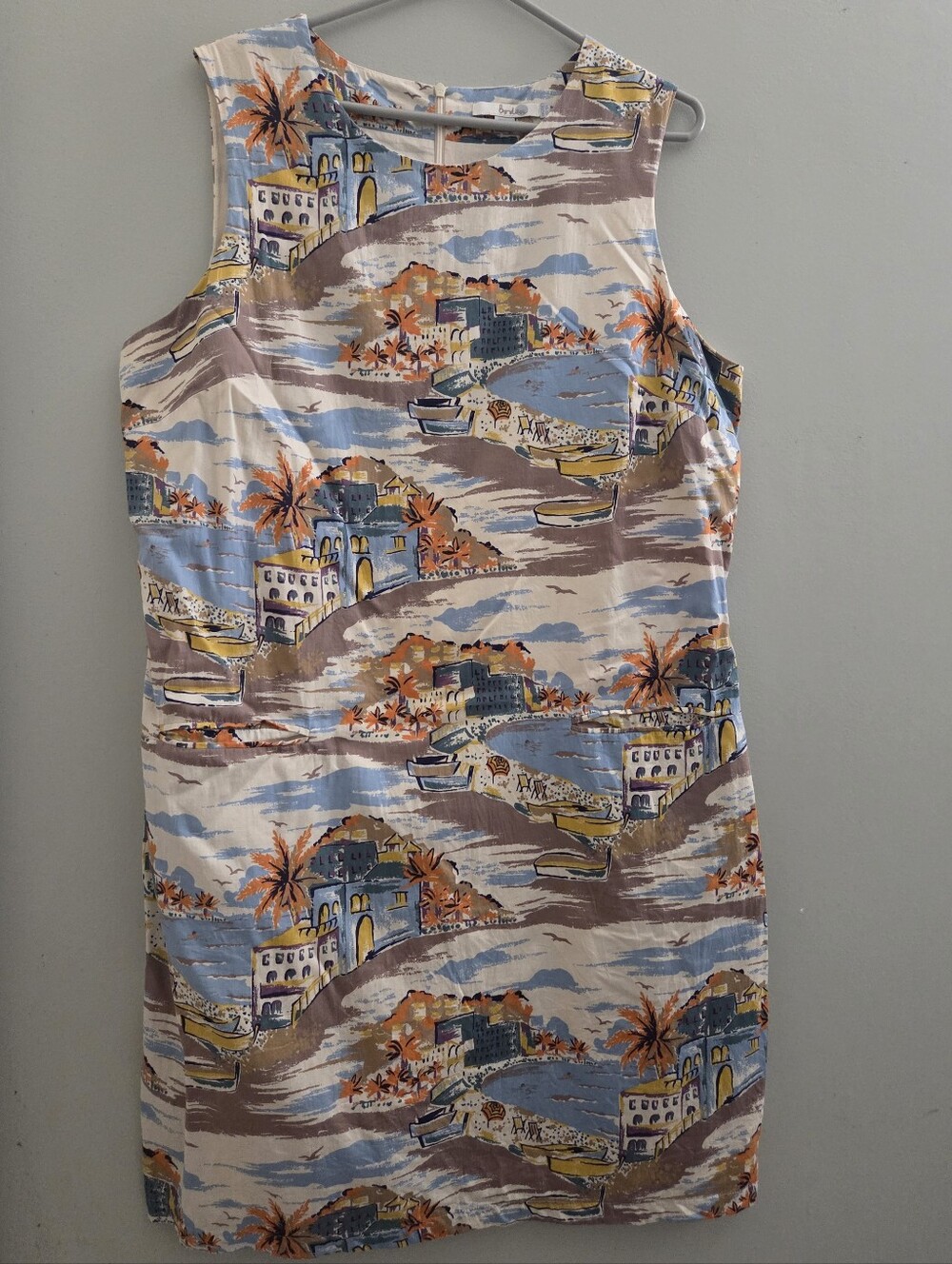 Boden Riviera Coastal Scenic Print Cotton Shift Dress Pockets Blue US 16